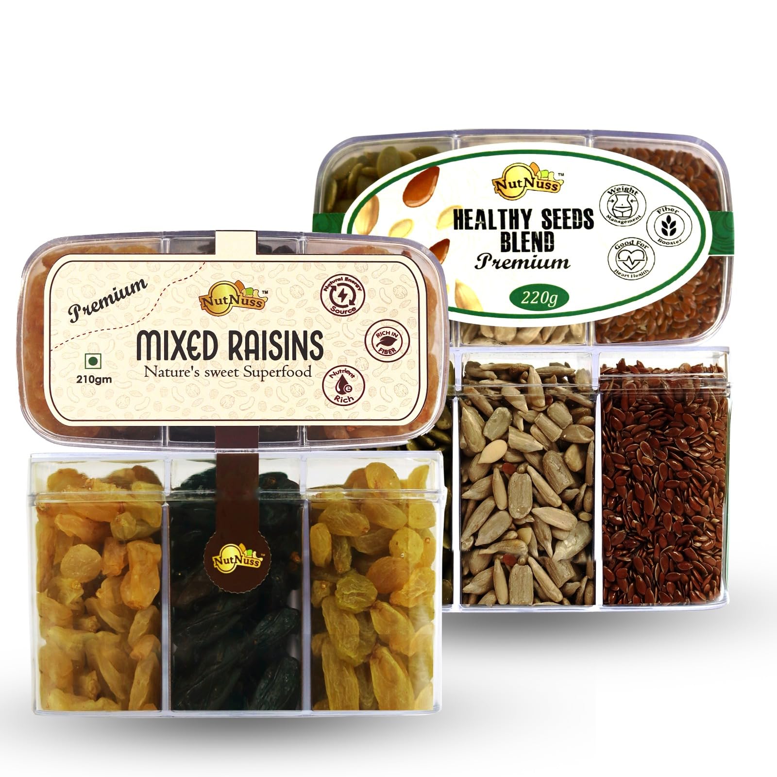 NutNuss Healthy Seeds blend and Mixed Raisins Combo Pack| Mix of Pumpkin Seeds+Flax Seeds +Sunflower seeds and Mix of Golden,Black and Green Raisins| 430 G| Healthy Snack Combo-image-34