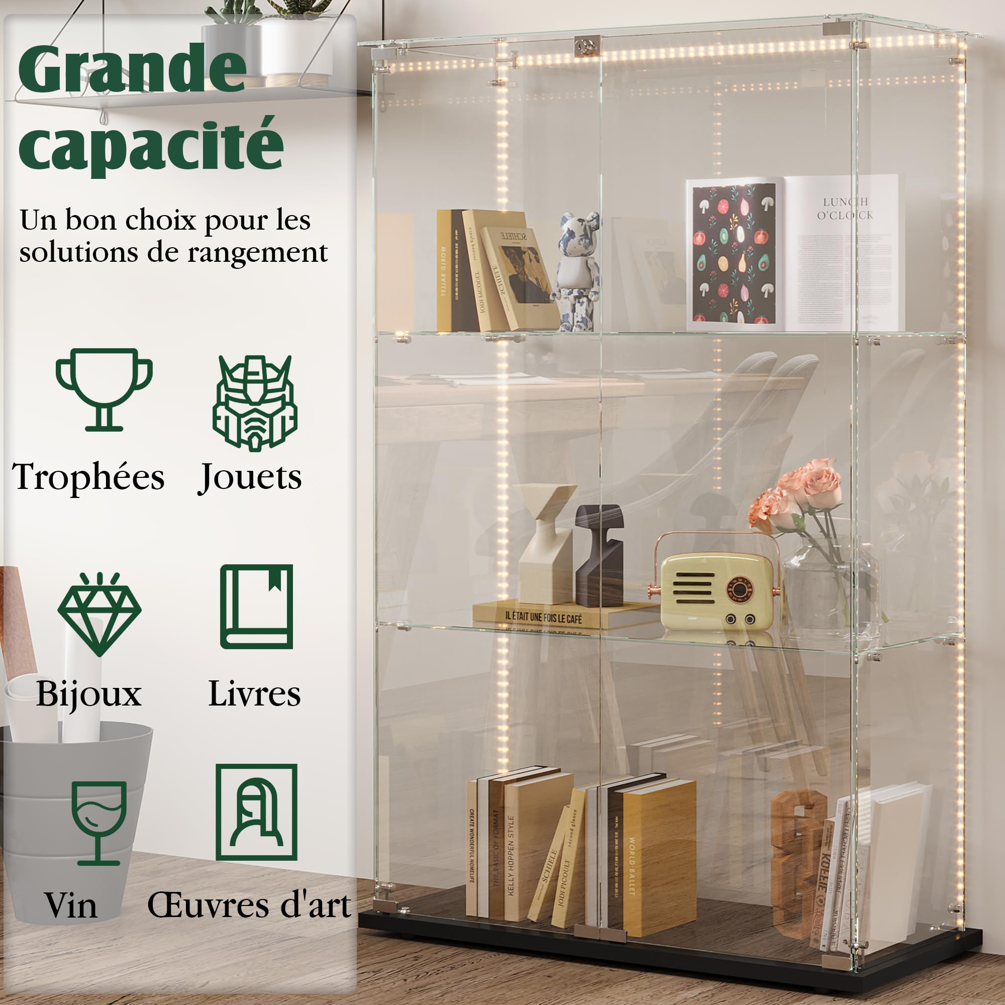 Vetrina in vetro a 3 strati con luce LED e 2 porte, vetrina in vetro temperato con serratura, vetrina da collezione indipendente, scaffale per soggiorno (nero, 3 strati 2 porte)