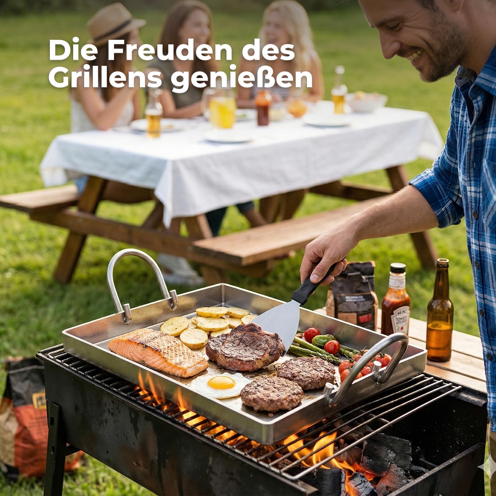 Plancha Grillplatte 40 x 30 cm mit Perforation, 4 mm Edelstahlplatte, hitzebeständig & verformungsfrei, geeignet für Burger, Gemüse, Fisch und Steak. Inklusive Grillspatel und abnehmbarem Griff.