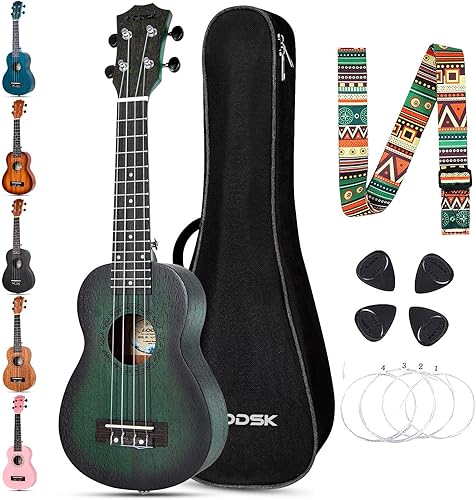 Miniatura 94 de AODSK Ukelele soprano para principiantes, kit de ukelele de 21 pulgadas con bolsa de concierto, correa, sintonizador de cuerda de nailon, 4 púas