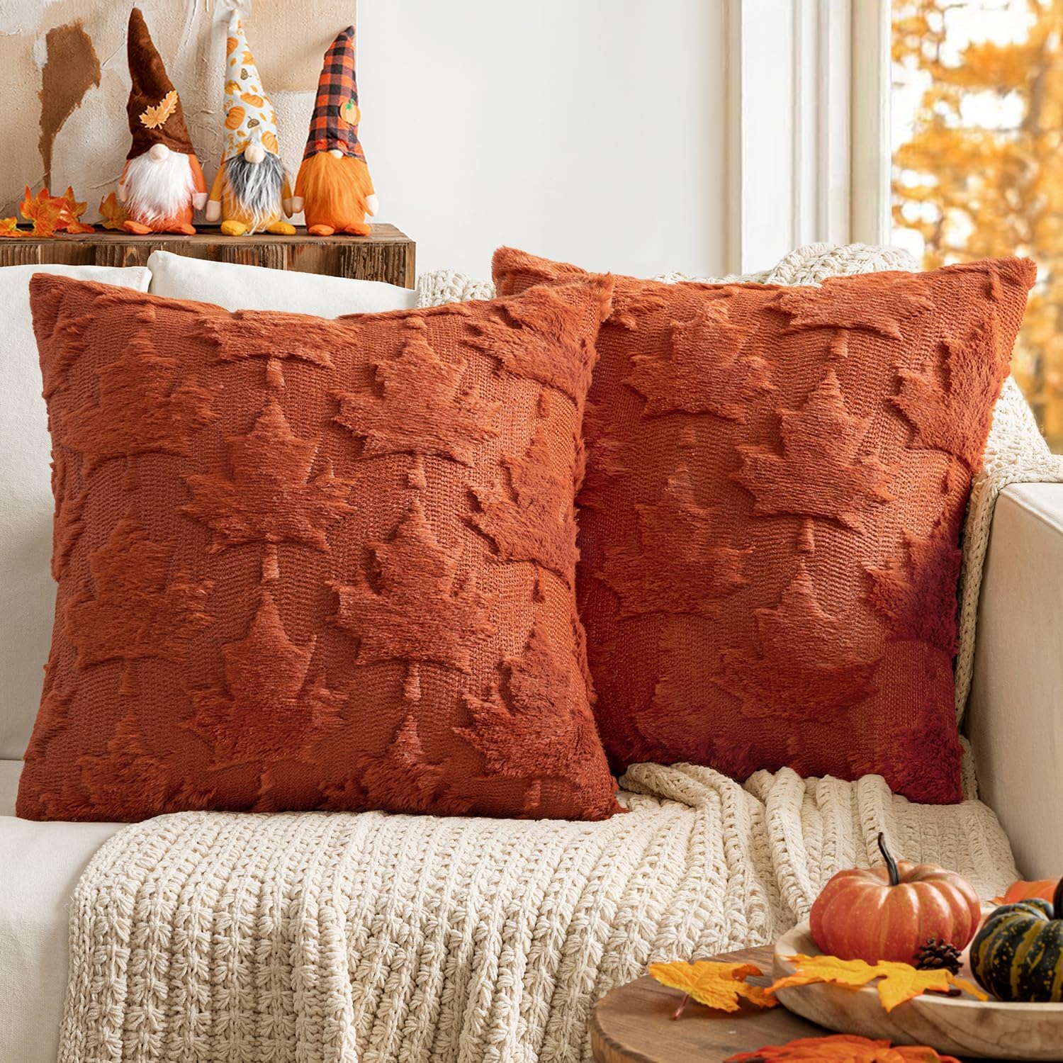 MIULEE 2 Pack Fall Cushion Covers Autumn Decorations Cushions Woolen Solid Maple Leaf Cushion Covers for Sofa Couch Cozy Cushion for Halloween Thanksgiving Caramel 45x45CM — image 1