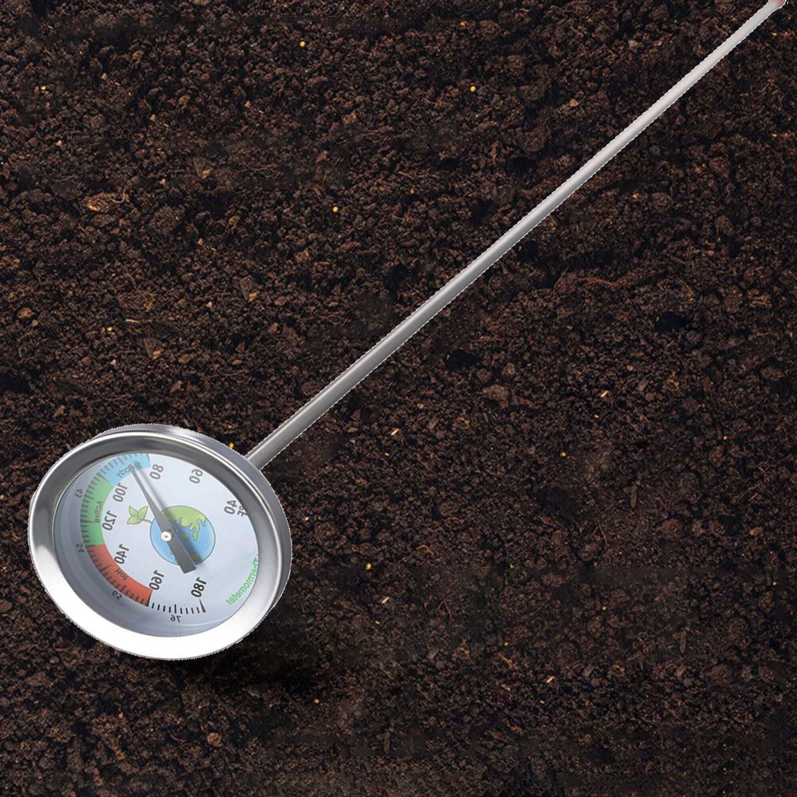 Bodenthermometer für Kompost, Dünger und Garten – 500 mm Edelstahlsonde, 4,4 °C bis 82,2 °C Bereich, keine Batterie erforderlich, mechanischer Temperaturmonitor mit
