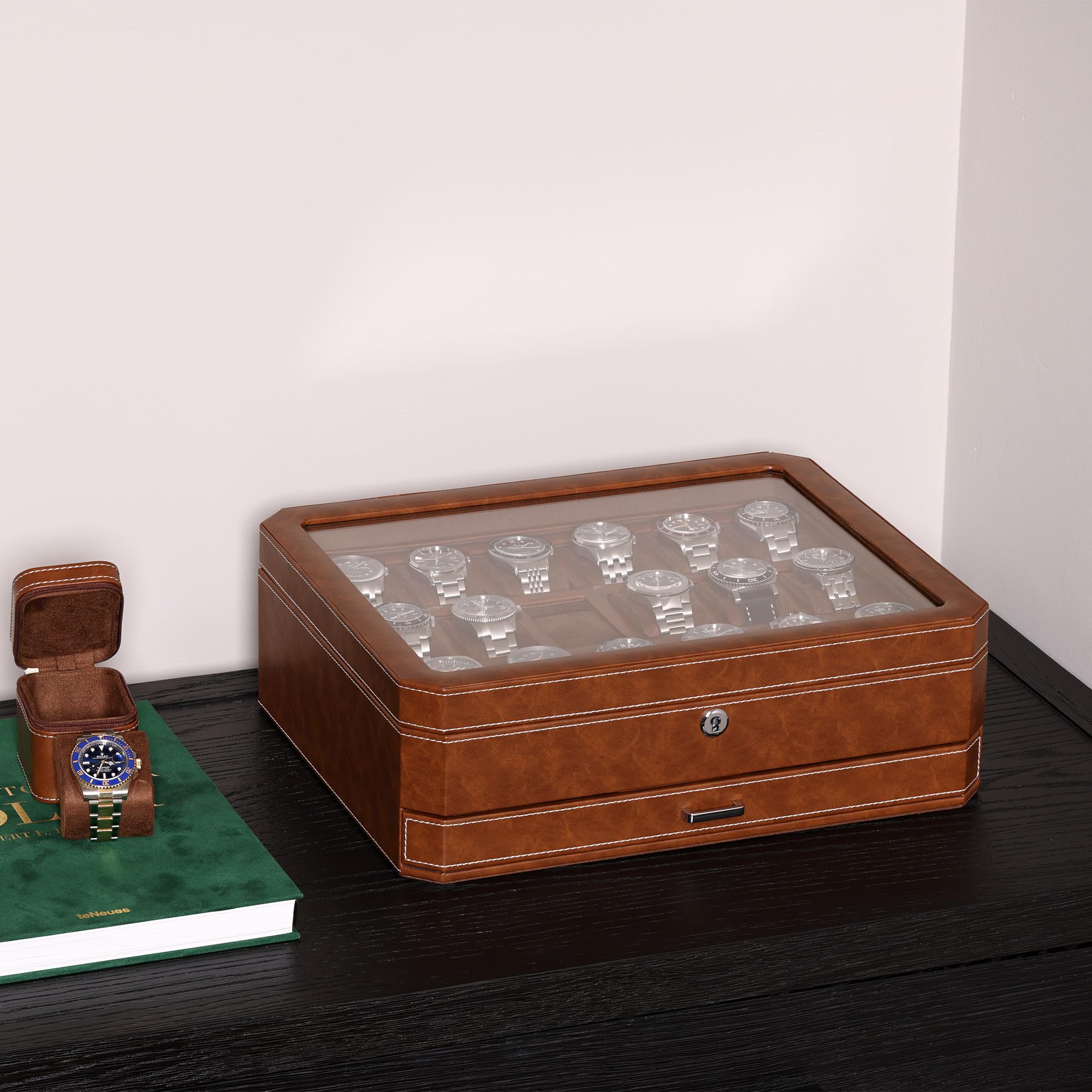 ROTHWELL Lederen horlogedoos met 8 sleuven en valet lade - luxe etui display sieradenorganizer, vergrendelbare vitrinekasthouder, echt glazen blad - horlogedoos organizer voor mannen en vrouwen