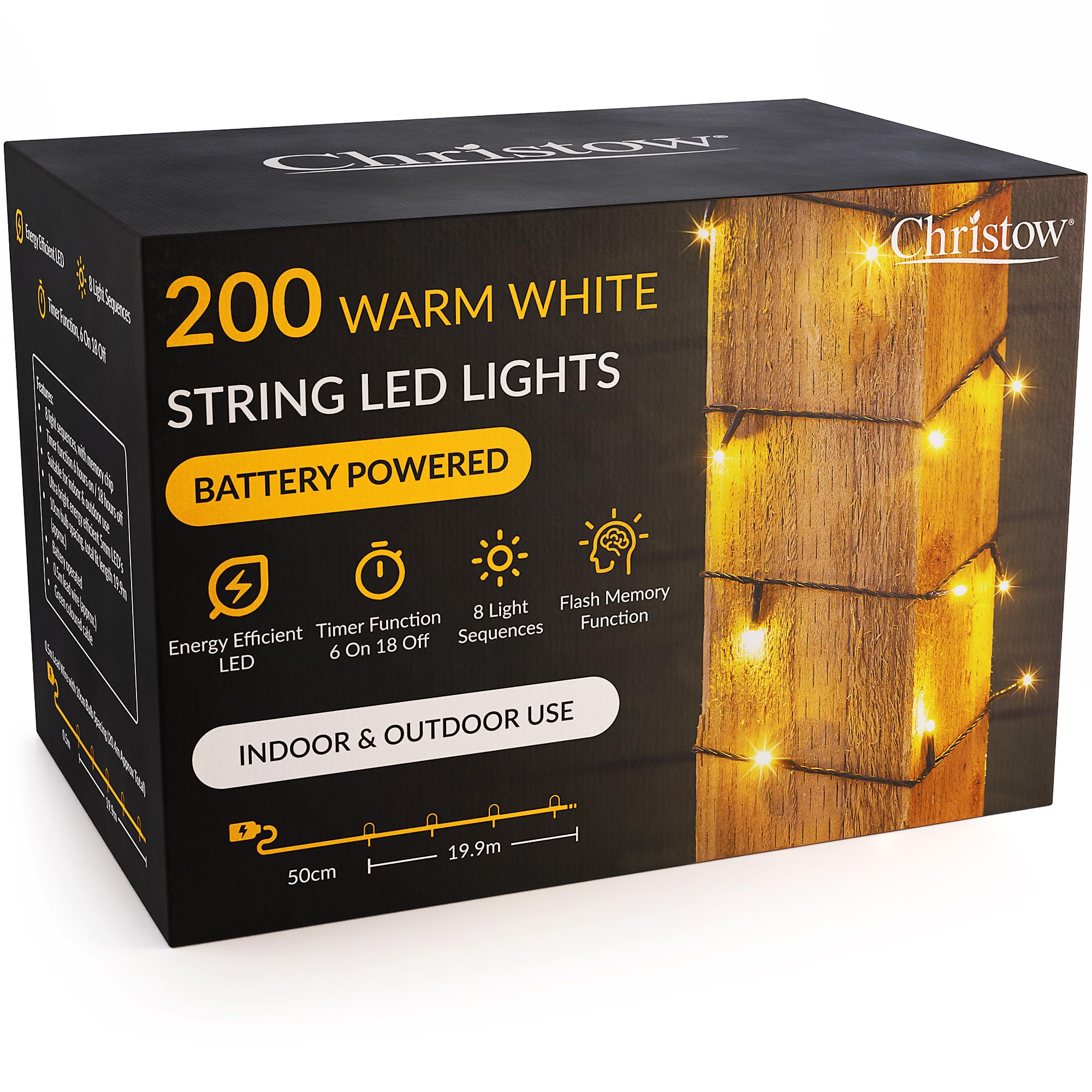 Christow Warm White Christmas Fairy Lights Battery Operated, Led String Lighting With Timer, Indoor & Outdoor, 8 Light Modes Flashing & Static, Green Cable (200 Led / 20M Lit Length)