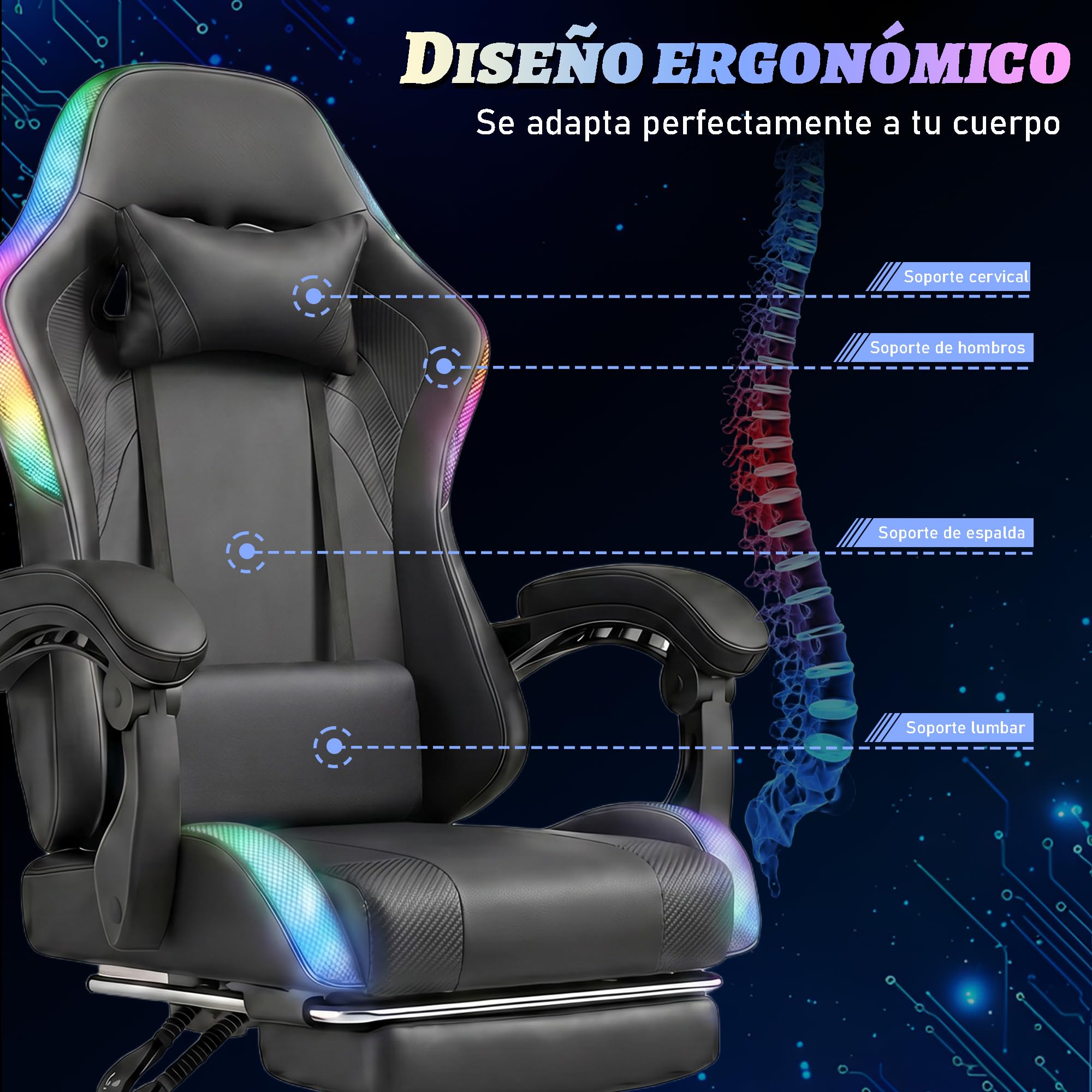 Devoko Silla Gaming con Masajeador y LED, Silla de Oficina Ergonómica con Reposapiés, Sillas Gaming para Oficina y Juegos con Iluminación RGB（Negro）