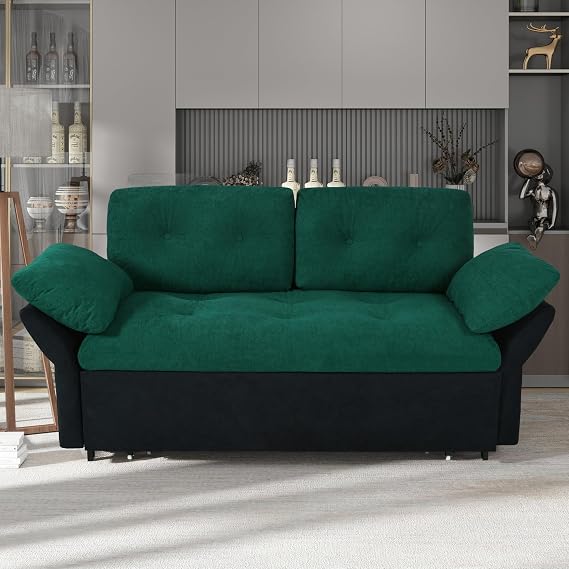 Queen Size Sleeper Sofa Bed,3 in 1 Convertible Futon Sofa with Pull Out Bed/Adjustable Backrest,Modern Chenille Cloud Couch Loveseat for Compact Living Spaces Apartment (Green+Black)