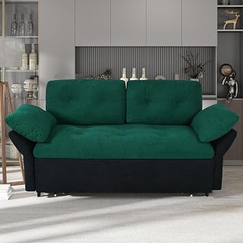 healthomse Queen Pull Out Sofa Bed, 3-in-1 Convertible Sleeper Couch with Thicked Cushions and Side Storage, Multi-Functional Chenille Loveseat Sofa, for Living Room, Bedroom, Apartment Black+Green
