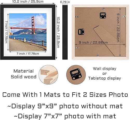 Vista 2 de 9x9 inch Wood Picture Frame for Wall Hanging or Tabletop Square Photo Frames with 1 Mats Display 7x7 inch for Baby Scan,Poster,Walls
