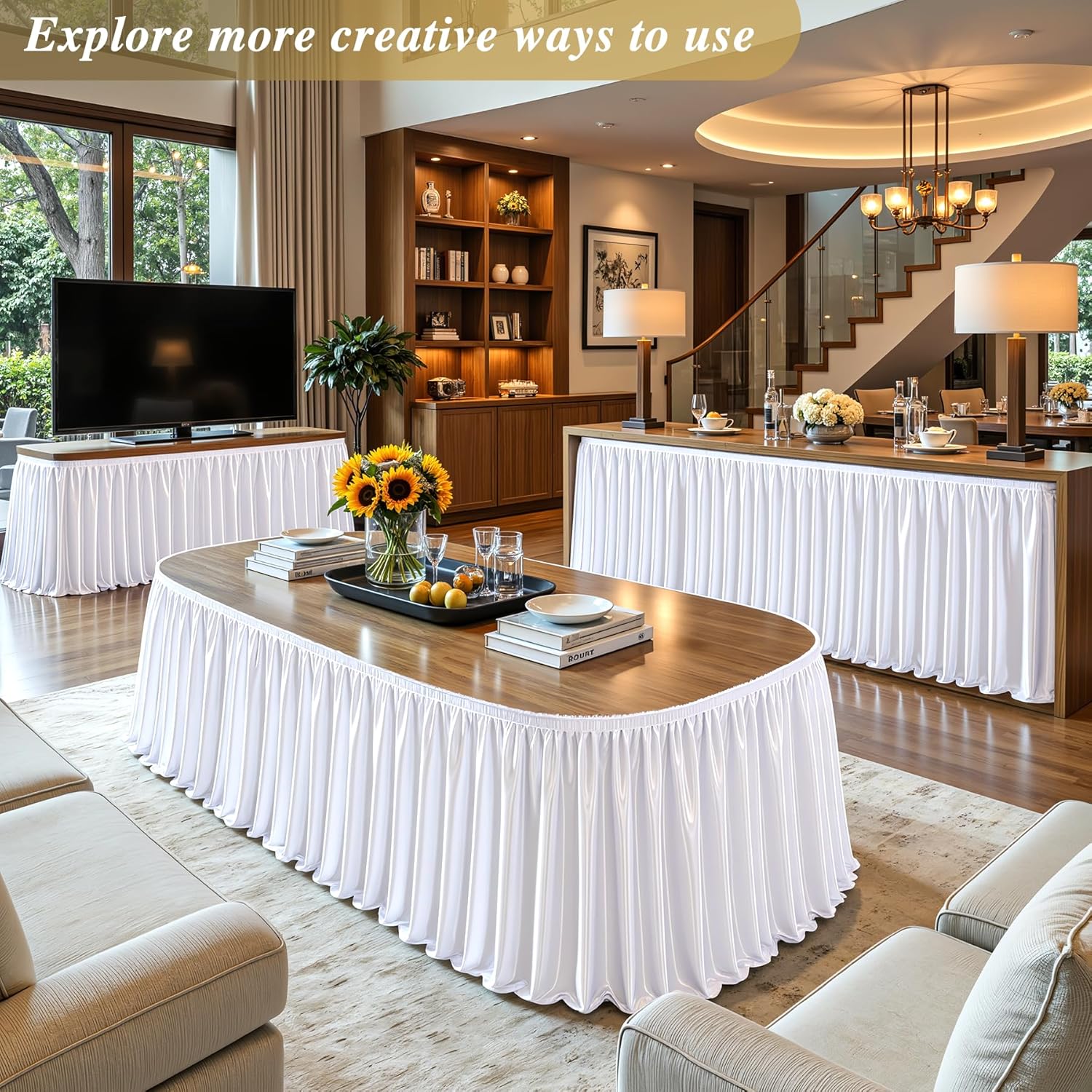 14Ft White Satin Table Skirt for Rectangle or Round Tables, Wrinkle-Free & Ruffle Pleated Teacher Desk Skirt Sparkly Spandex Table Skirting for Home Office & Kitchen, Trade Shows, Wedding Party Decor