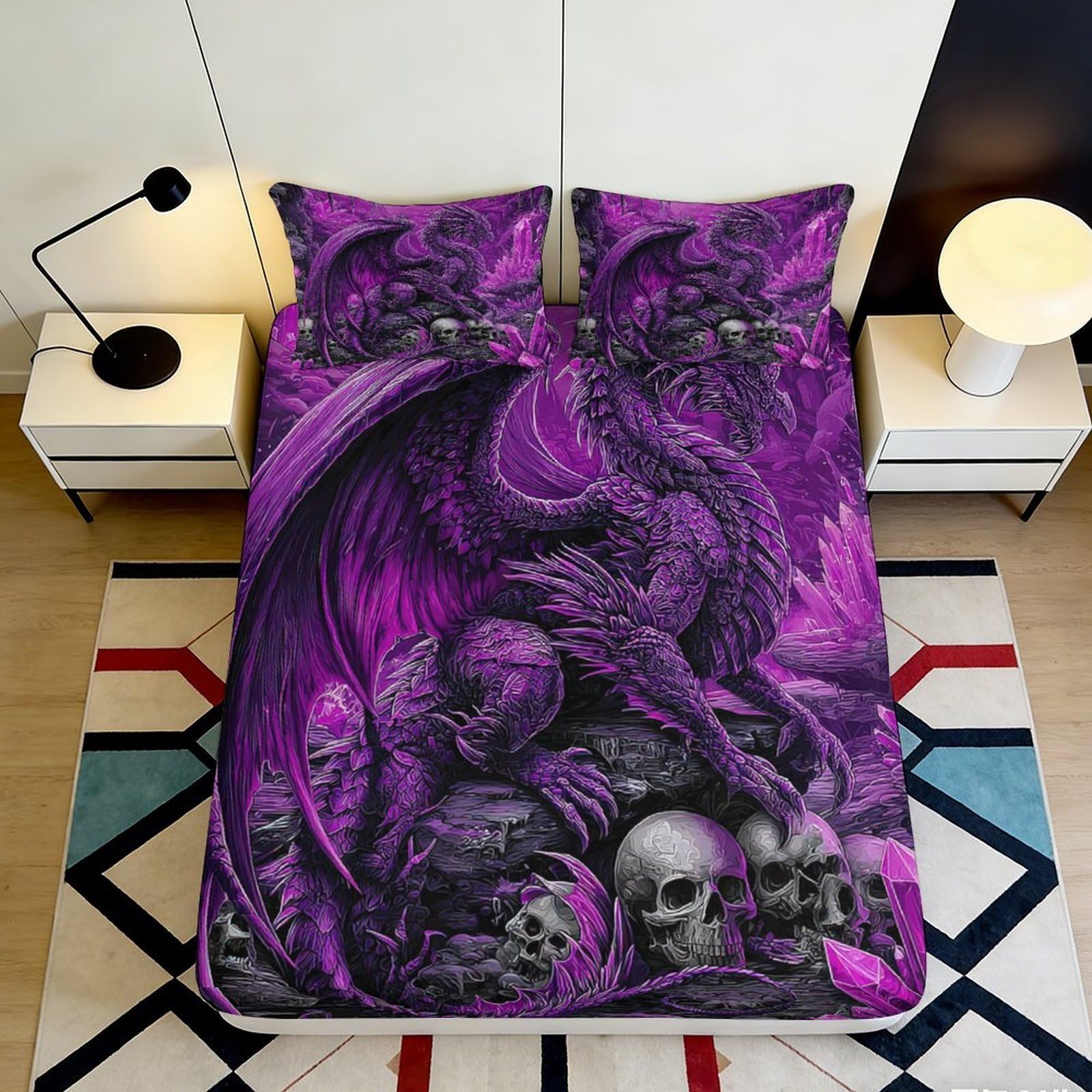 3D Printed Purple Dragon Fitted Sheet Microfiber Soft Gothic Skull Bed Cover for Home Bedroom Dorm Decor 90x200x25cm