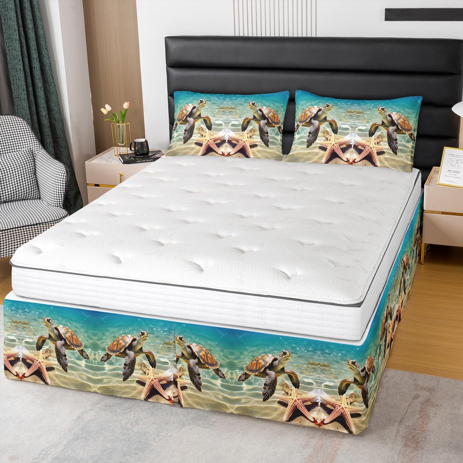 Sea Turtle Queen Size Bed Skirt,Seashell Starfish 15 Inch Microfiber Bed Skirts for Kids Boys Girls Room Decorative,Ocean Theme Dust Ruffle Pleated Bedskirt Teens Bedding Fitted Sheet