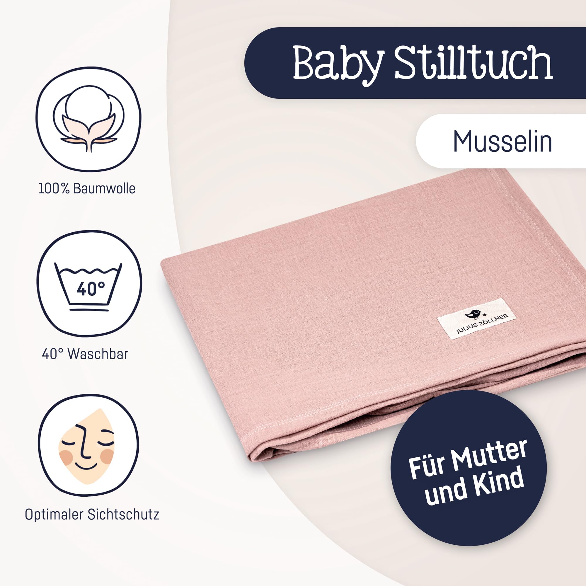 Julius Zöllner Stilltuch aus 100 Prozent Musselin-Baumwolle, OEKO-TEX STANDARD 100, Made in Germany, Dusty Rose