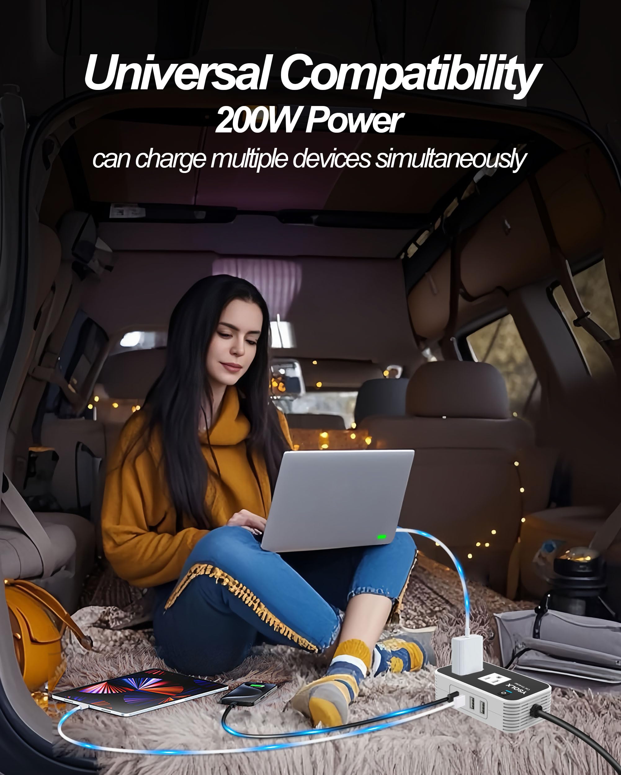 YSOLX 200 W falownik samochodowy DC 12 V na 110 V konwerter do szybkiej ładowarki samochodowej z gniazdkiem elektrycznym USB-C (18 W), USB-C (20 W) 2 x 2,4 A USB, gniazdo sieciowe