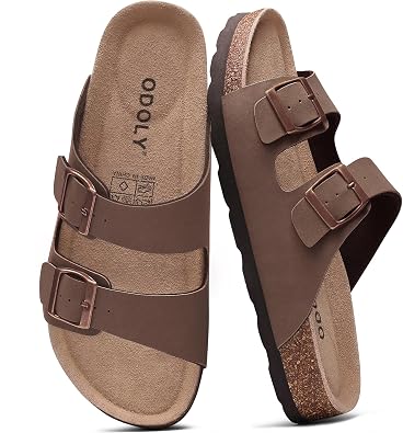 ODOLY Mens Cork Footbed Sandals, Arch Support Slides with Adjustable Buckle