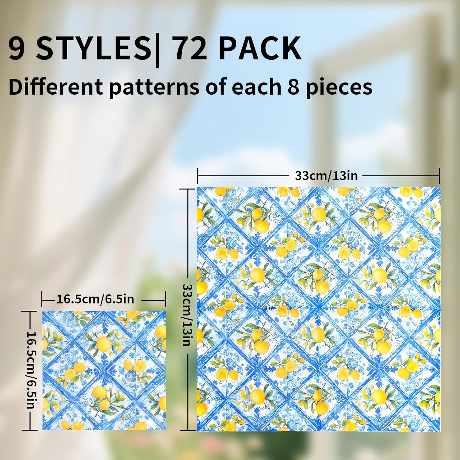 72pcs Mediterranean Luncheon Napkins – 3-Ply Paper Napkins with Mixed 9 Amalfi Coast Designs, Blue & Yellow Italian Lemon Tile Table Napkins, 13x13 inch for Dining & Party Décor