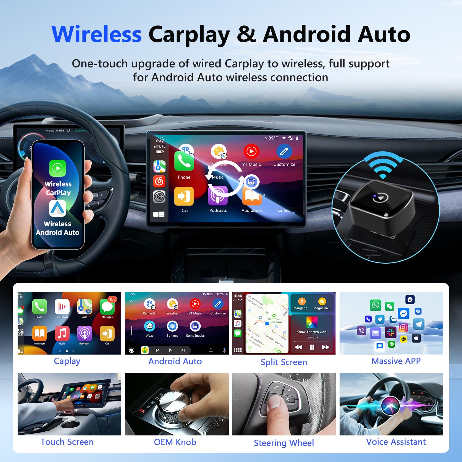 Motorsi Senza Fili Adattatore Carplay/Android Auto, 2-in-1 Converte il Cavo di Fabbrica in Un dongle Carplay Senza Fili per Auto Plug & Play Carplay con A-pple Phone iOS 10+ / Android 11+