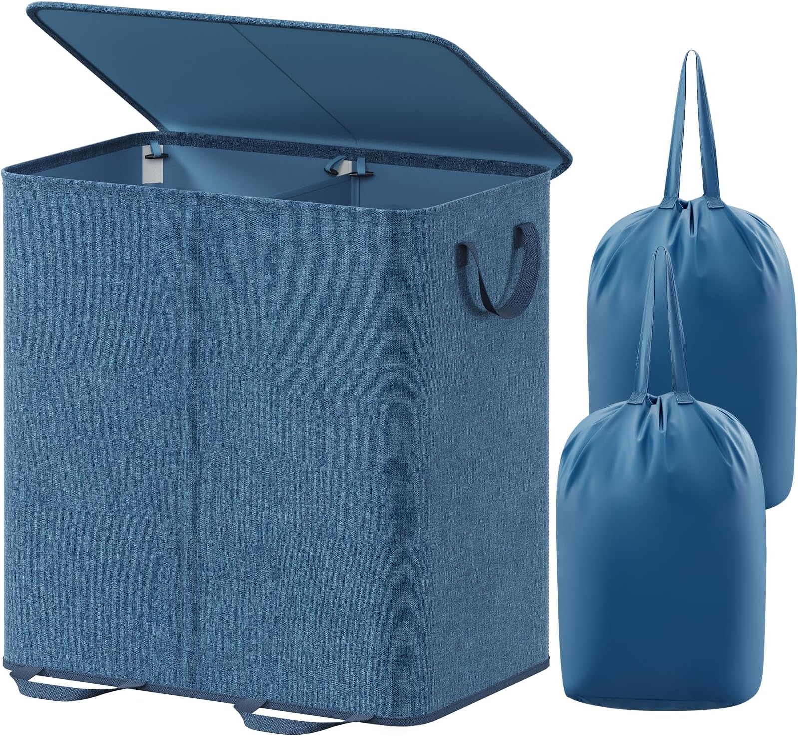 Lifewit Double Laundry Hamper with Lid, Removable Laundry Bags, Blue | Large Collapsible Laundry Baskets, 2 section Dirty Clothes Basket with Handles for Bedroom, Laundry Room, Closet, Dorm, 136L