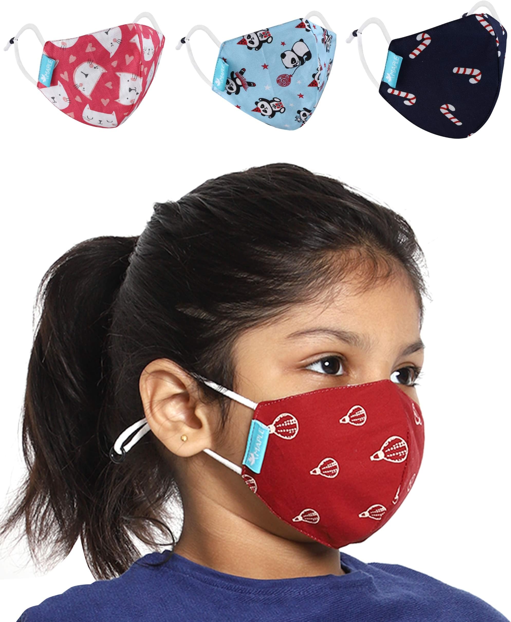 MAPLE Anti-Pollution 3 Layer Filtration System Cotton Breathable Washable And Reusable face Mask For Kids Boys/Girl Unisex Multi Colour Kids,Make in India