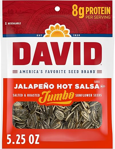 DAVID SEEDS Roasted and Salted Jalapeño Hot Salsa Jumbo Sunflower Seeds, Keto Friendly, 5.25 oz, 12 Pack