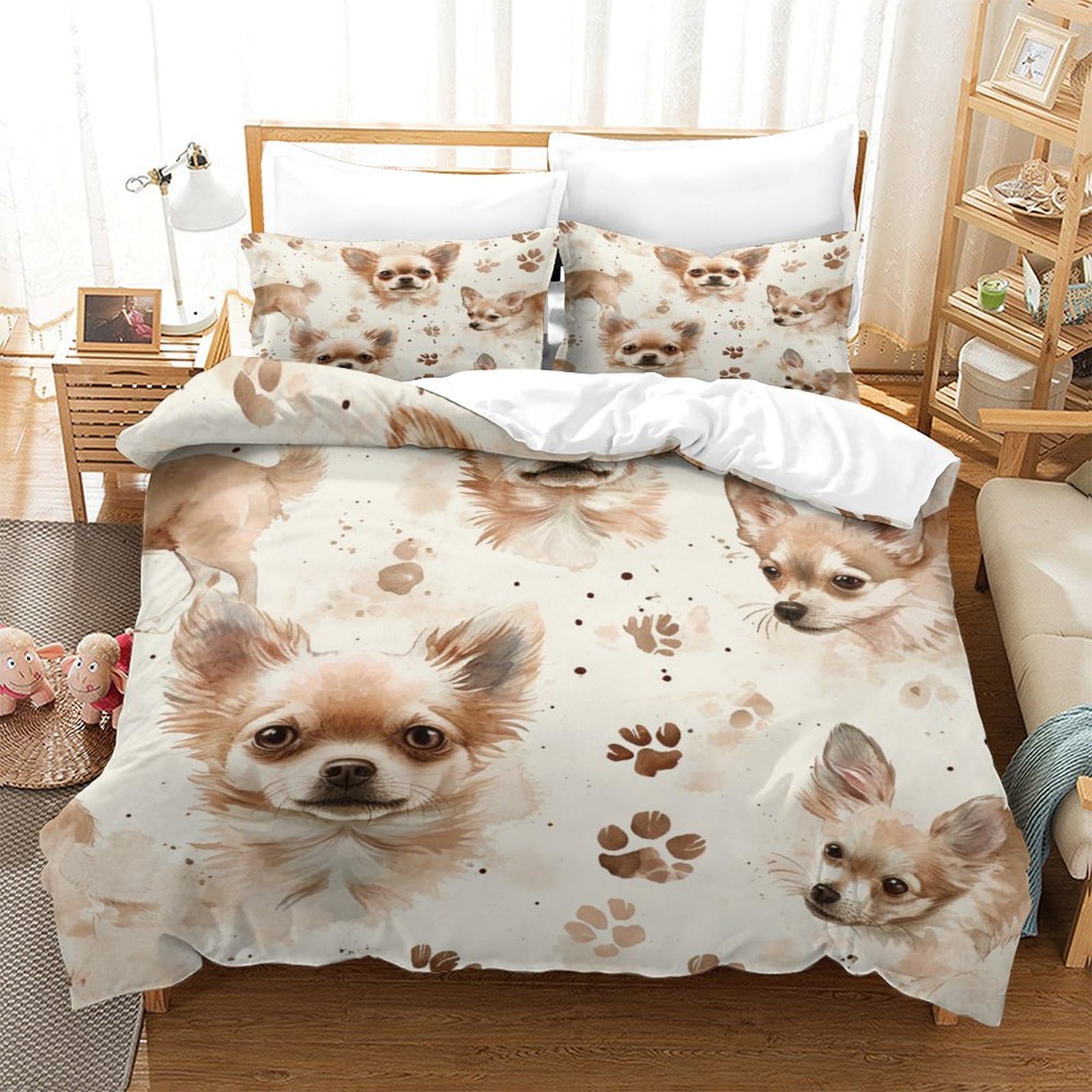 TNFHSOFT Chihuahua Duvet Cover Set Bedding Quilt Cover Cute Dog Set with Shames Soft Microfiber Xmas Bedding Sets with Zipper 3PCs Boys And Girls Single（140x200cm）