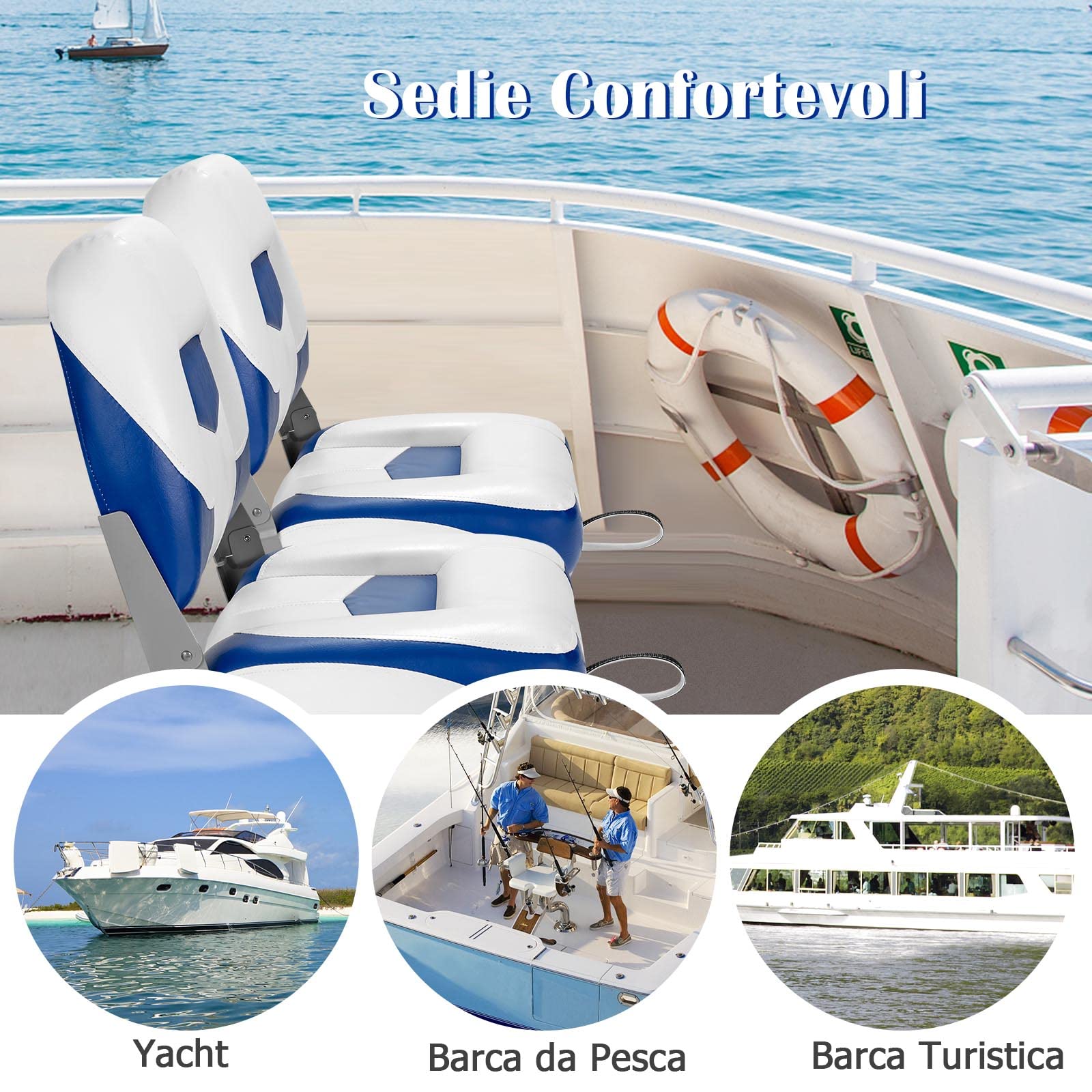 GYMAX Sedie per Barca, 2 Pezzi, Sedile Comodo di Schiuma, PVC e PP, Design Ergonomico e Pieghevole su Schienale e Sedile, Adatte all’Aperto, 50 x 52 x 42 cm (Blu)