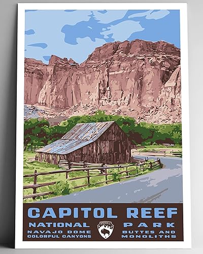 Capitol Reef National Park - Póster de viaje estilo vintage, 8 x 10, 12 x 18, 18 x 24, 24 x 36, 4 x 6, impresión artística estilo WPA, Utah USA