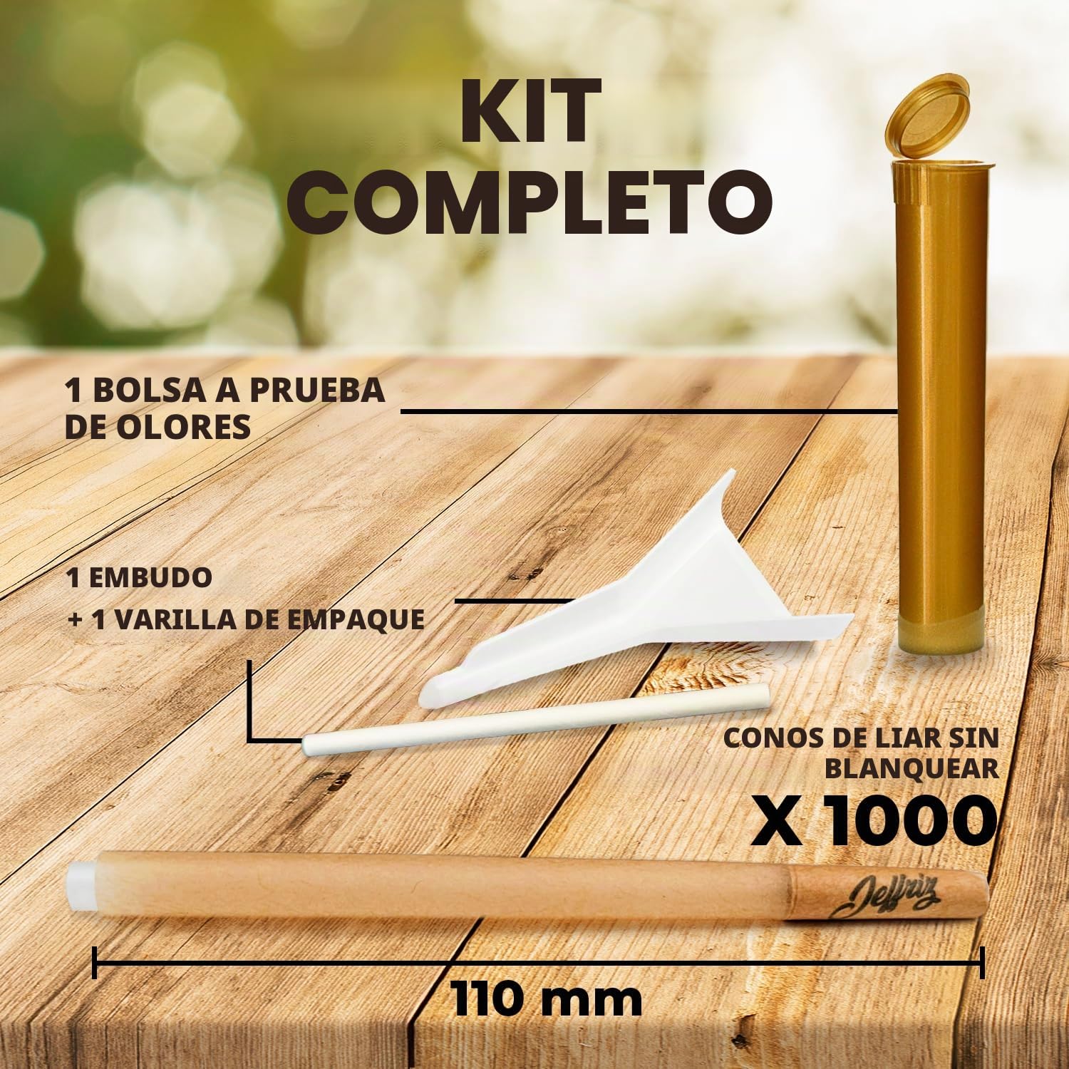 Conos Pre-Enrollados King Size Slim – Pack 1000 | Jeffriz | Papel Natural Para Fumar sin Blanquear 110mm con Filtros | Combustión Lenta | Embudo y Tubo Hermético Anti-Olor Incluidos | Pre Rolled Rolls
