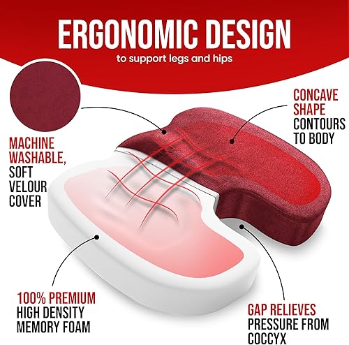 Miniatura 3 de FORTEM Cojín de asiento XL para oficina, soporte lumbar para silla, soporte de respaldo de espuma viscoelástica, funda lavable (rojo, terciopelo)
