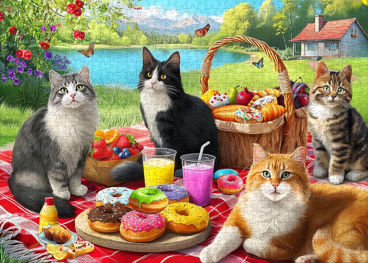 Cat Picnic Theme Puzzles for Adults 1000 Pieces. Cute Kitten Animal Jigsaw Puzzles. Funny Cat Outdoor Puzzles