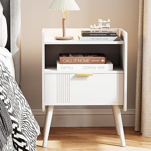 Mesita de noche moderna con cajón de almacenamiento y estante abierto, mesita de noche pequeña, soporte lateral de sofá de madera para dormitorio,