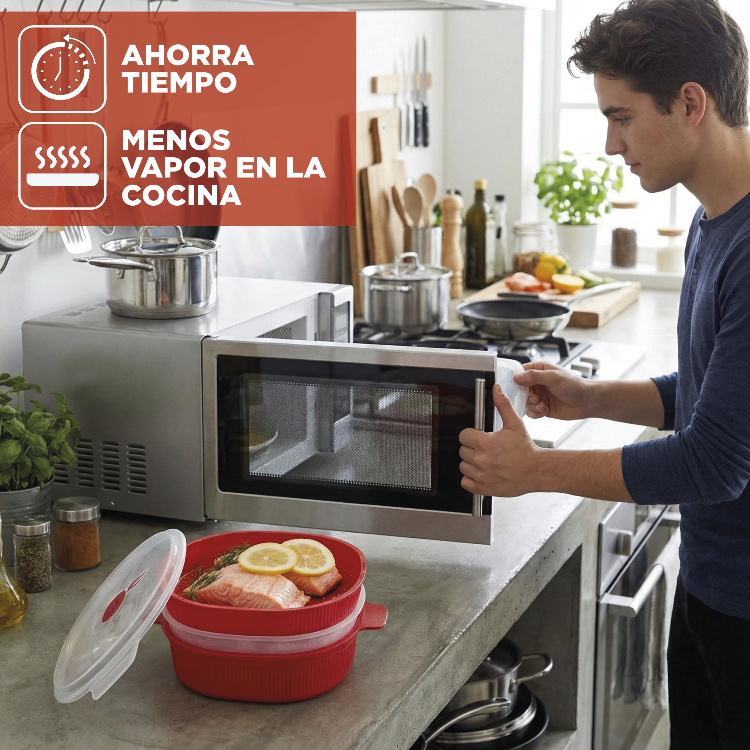Snips - Vaporera Cocinar Vapor Microondas con Tapa, Roja 4L y 2 Cestas Extraíbles, Cocina al Vapor Rápida y Saludable, Recipiente Bote Microondas 26.5x22x13.5, Recipientes para Alimentos Made in Italy
