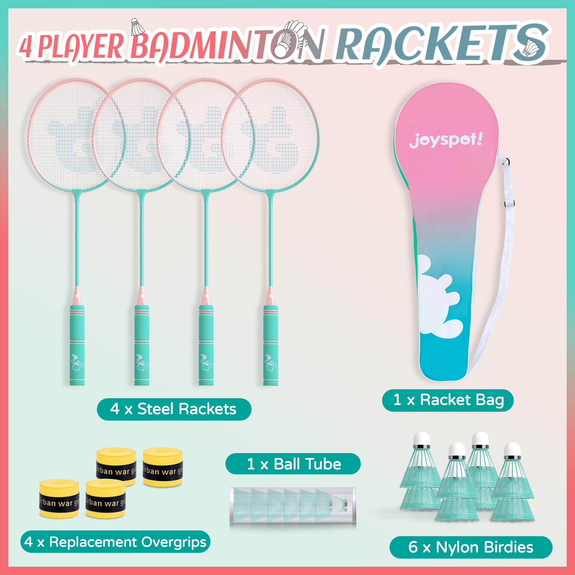 Badminton Rackets Set of 4 for Outdoor Backyard Games,Including 4 Rackets, 6 Nylon Shuttlecocks, 4 Replacement Grip Tapes and 1 Carrying Bag, Lightweight Badminton Racquets for Kids Adults Beginners