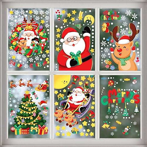 6 hojas de calcomanías de Navidad para ventana, lindo muñeco de nieve, Papá Noel, reno, decoración de ventana de Navidad, calcomanía mural para