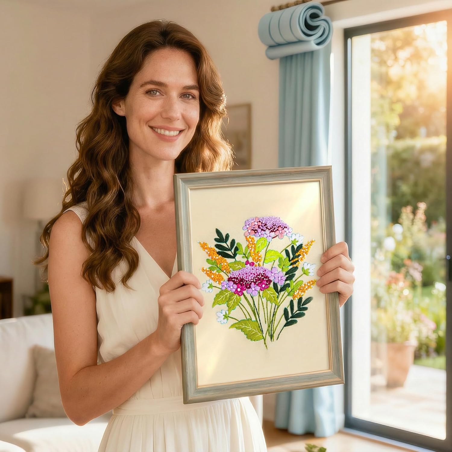 LX LERMX Embroidery Kit for Beginners Adults, 34 Stitch Techniques with Floral Patterns, Complete DIY Kit with Stamped Patterns, Hoop, Colorful Threads, Tools (Pattern 1)
