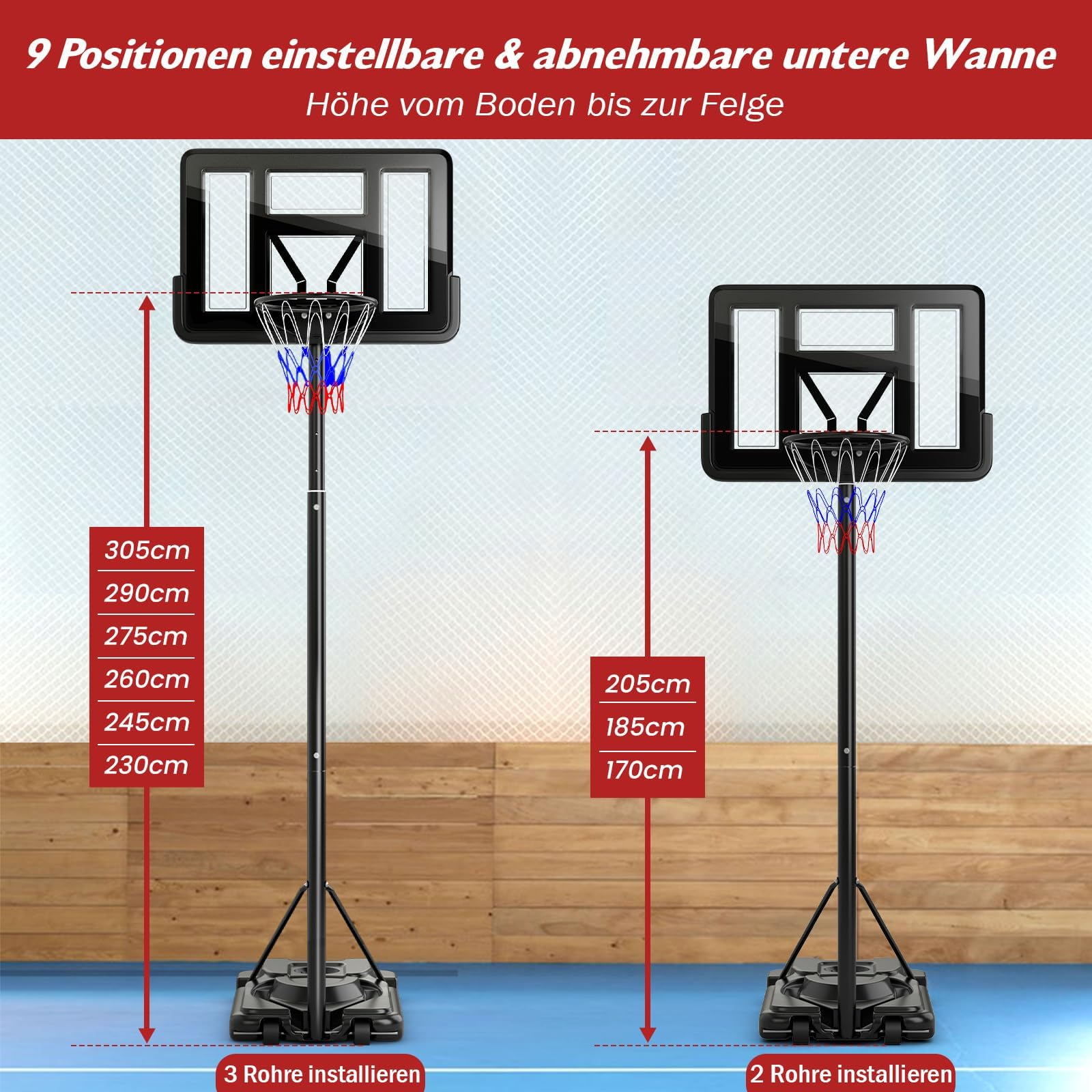 COSTWAY Stojak do koszykówki 130/170-305 cm, z regulacją wysokości, obręcz do koszykówki, do użytku na zewnątrz, ze stojakiem i 2 kółkami, mobilny system koszykówki z miejscem na piłki, system koszy