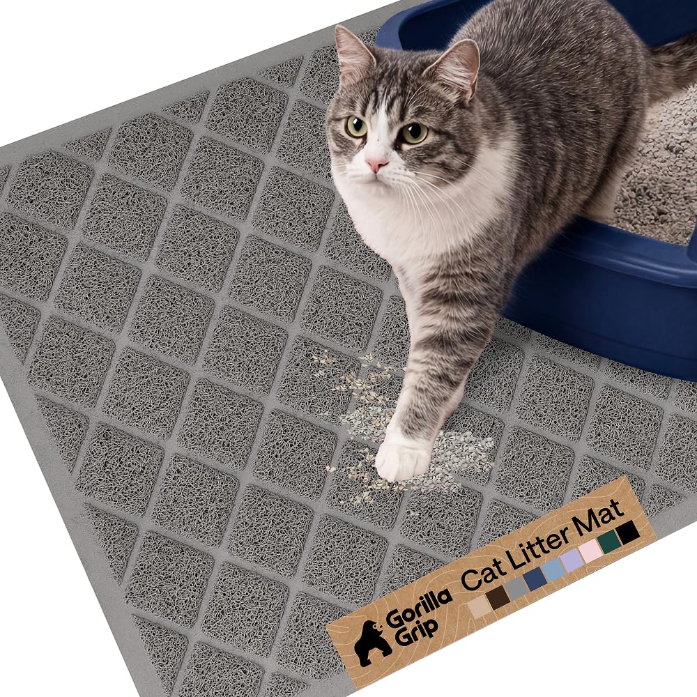 GORILLA GRIP Cat Litter Box Mat, Cushioned Coil Mesh Litter Trapping Mats, Scatter Control Supplies for Less Mess, Phthalate Free, Ultra Deep Catch Grooves, Rinse or Vacuum to Clean, 61x43 Grey