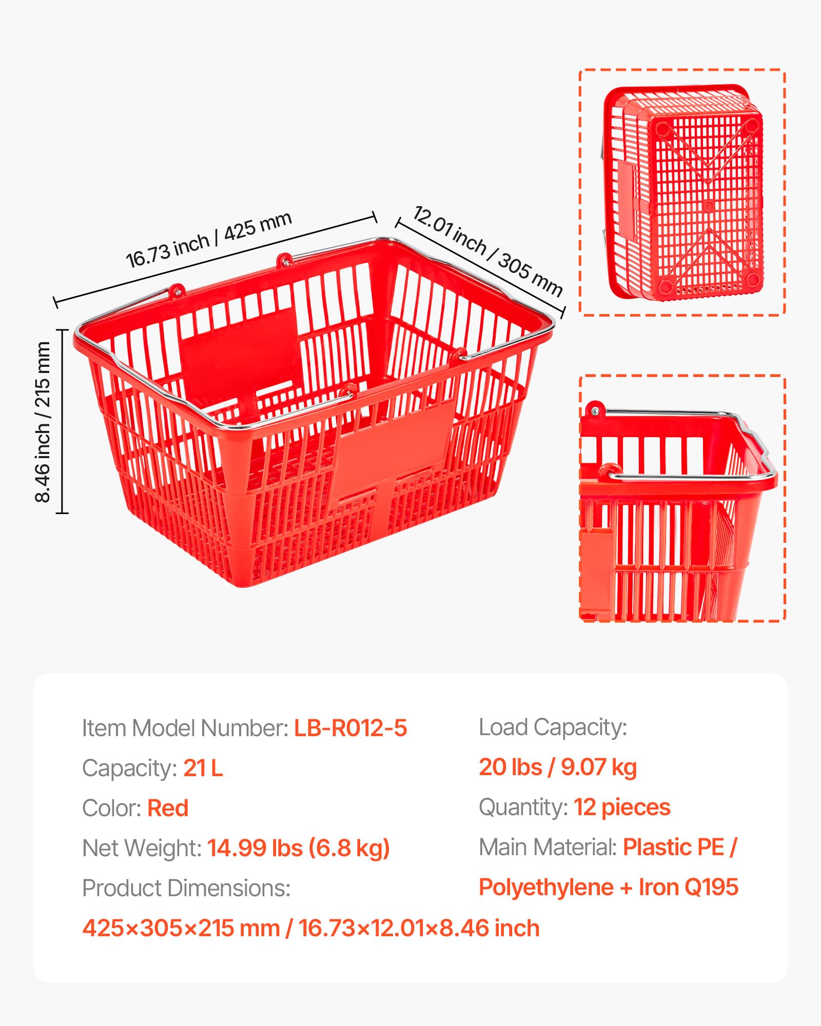 VEVOR Cestas de la Compra Apilables, Plástico PE, 21 L, con Asas Metálicas, Estructura de Malla Densa, Carga 9,07 kg, para Supermercados, Tiendas, Tiendas Minoristas y Uso Doméstico, Rojo, 12 uds
