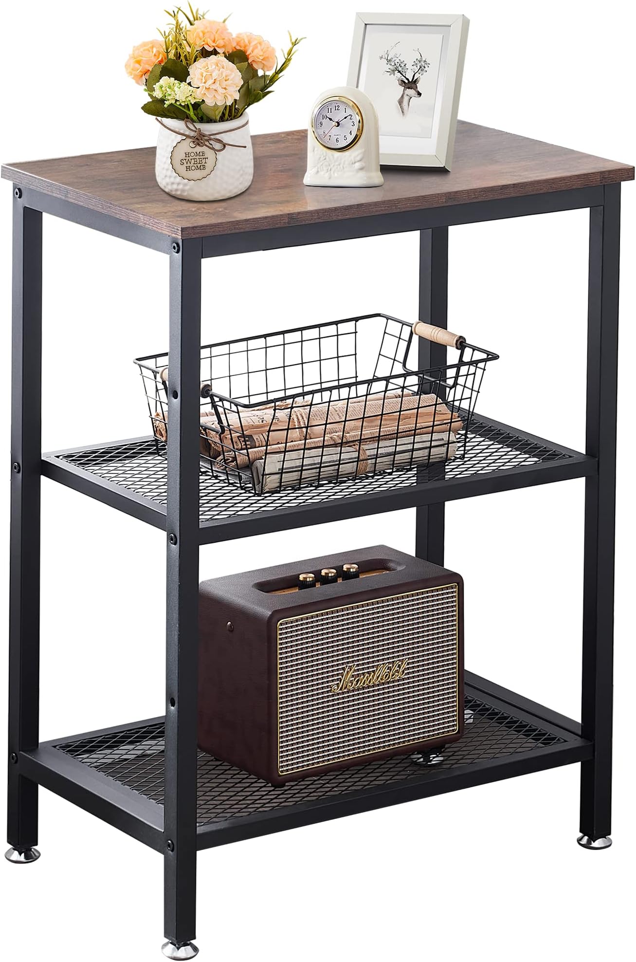 Tall End Side Tables,30" Height Nightstand with 3-Tier Storage Shelf for Bedroom Living Room, Easy Assembly,Industrial Style, Brown