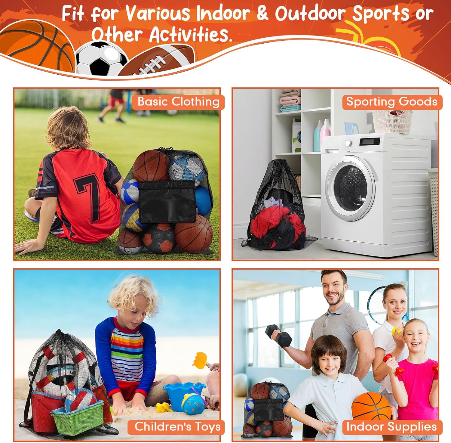 Woanger 9 Pieces Extra Large Sports Ball Bag Mesh Soccer Ball Bag with Adjustable Shoulder Strap Drawstring Heavy Duty Sports Storage Net Bag for Basketball Volleyball Swimming Gear 35.4 x 27.5 Inch