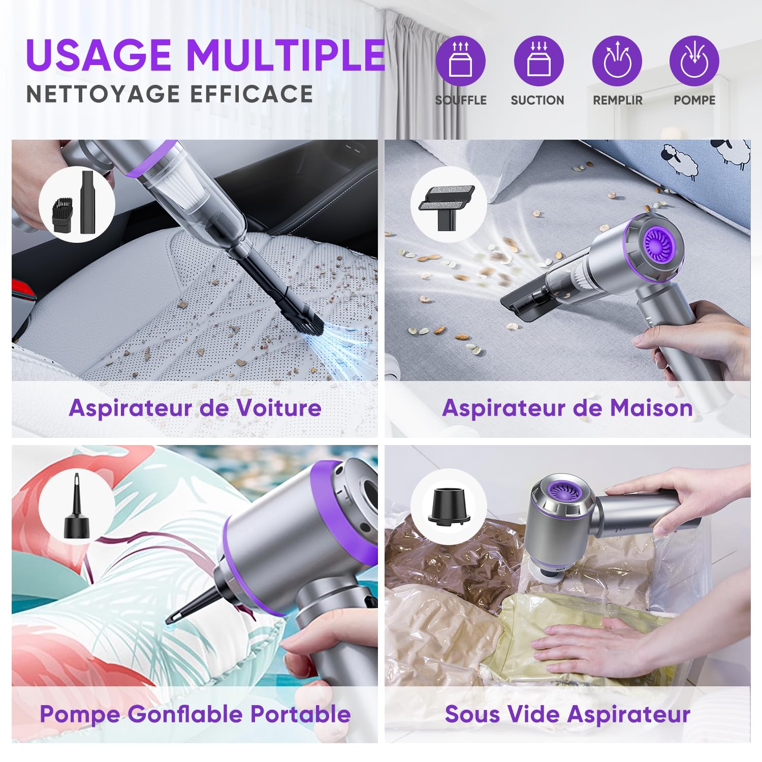 oGoDeal Aspirateur Voiture, 26000PA Aspirateur à Main Puissant sans Fil Portable, Mini Aspirateur de Voiture à 3 Niveaux Réglables avec 4 HEPA Filtre pour Voiture, Cuisine, Maison et Poils d'animaux