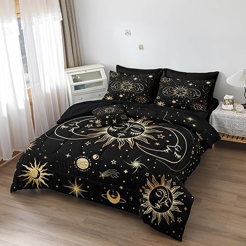 Miniatura 3 de MOVE OVER Juego de 8 piezas Universo en una bolsa tamaño King juego de edredón negro dorado juego de edredón Sol y Luna juego de edredón suave y