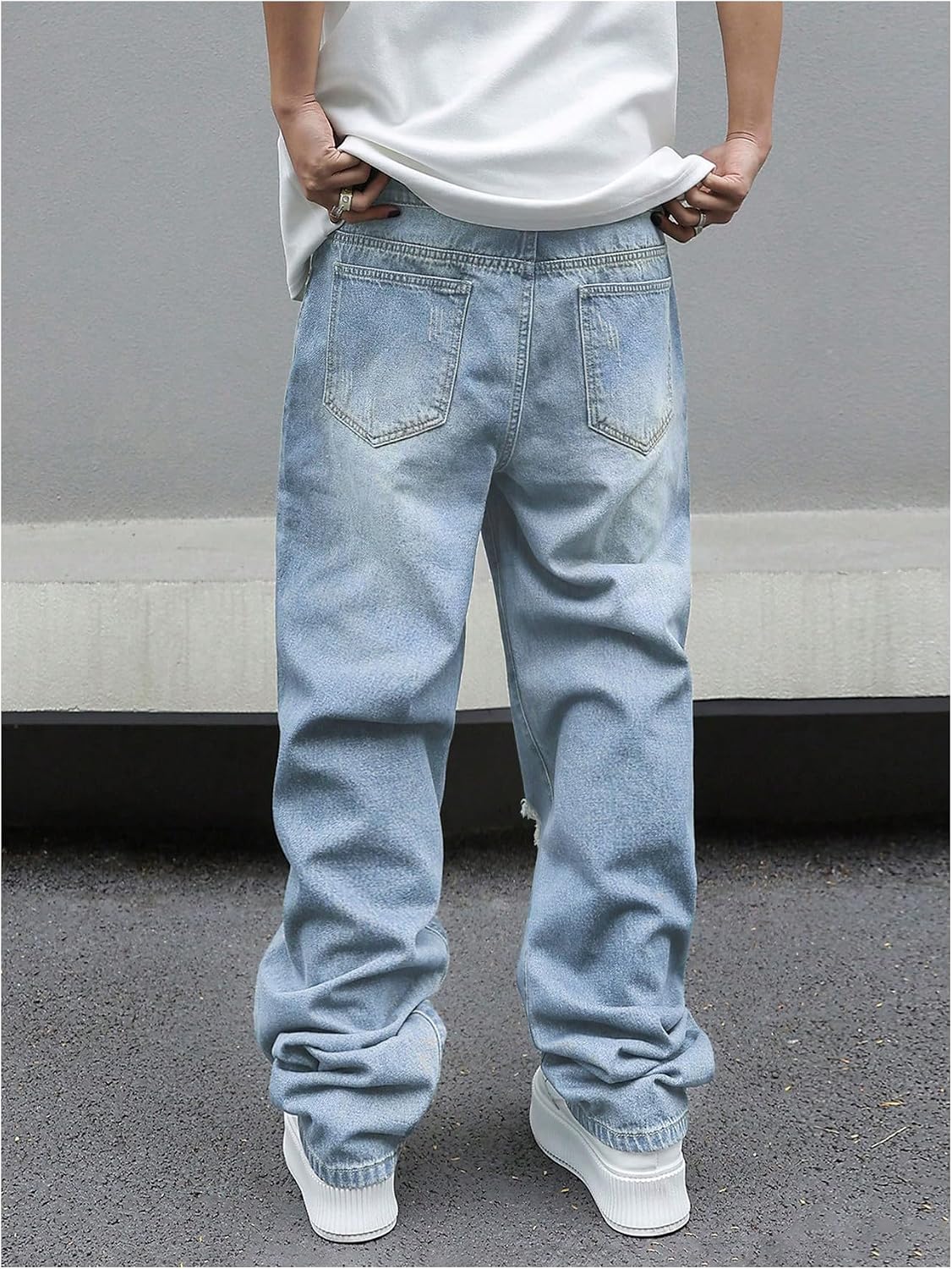 OYOANGLE Men's Ripped Jeans Y2K Distressed Straight Leg Denim Pants Streetwear Hip Hop Trousers