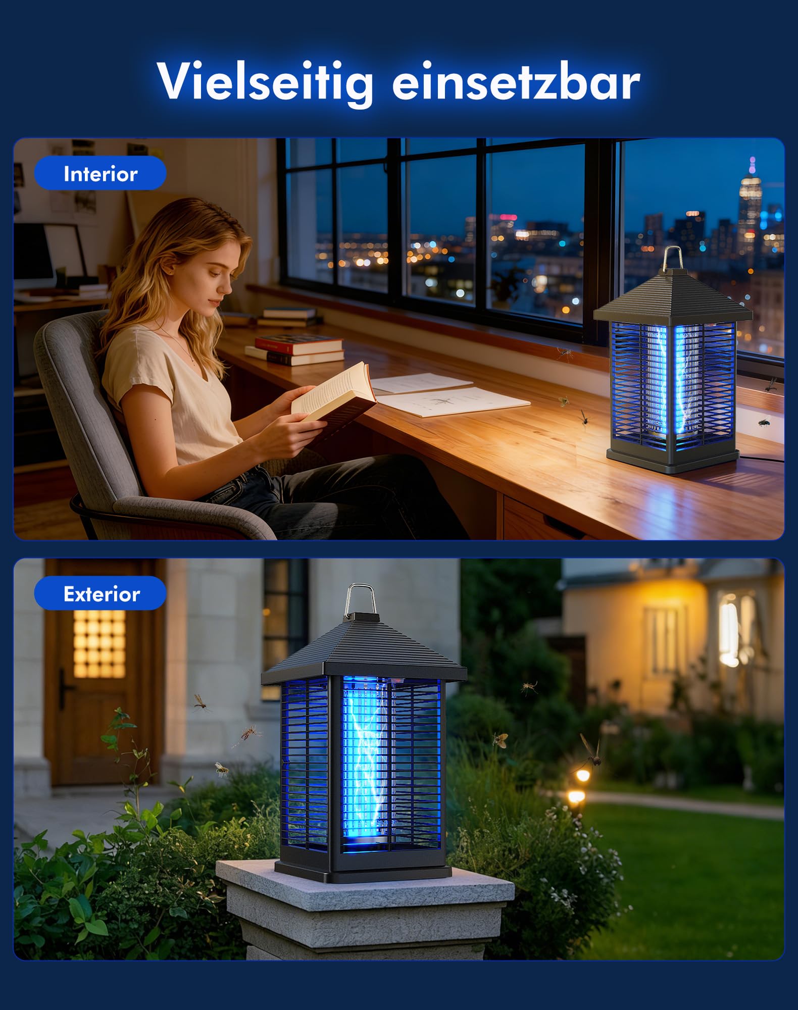 Insektenvernichter Elektrisch mit Lichtsensor, 4000V Mückenvernichter für Drinnen & Draußen, IPX4 wasserdichte UV-Insektenfalle, Reichweite 100 m² – Ideal für Terrasse, Garten, Garage