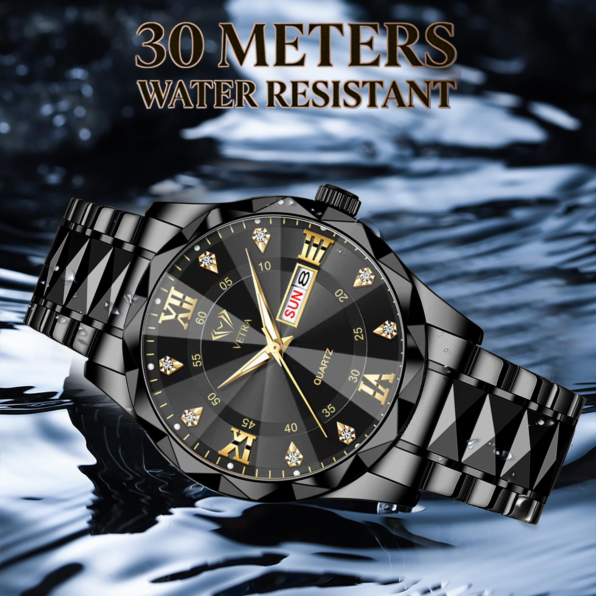 Vetra Montre classique pour homme - Bracelet en acier inoxydable - Étanche - Lumineuse - Jour - Date - Tendance - Minimaliste - Cadeau pour homme