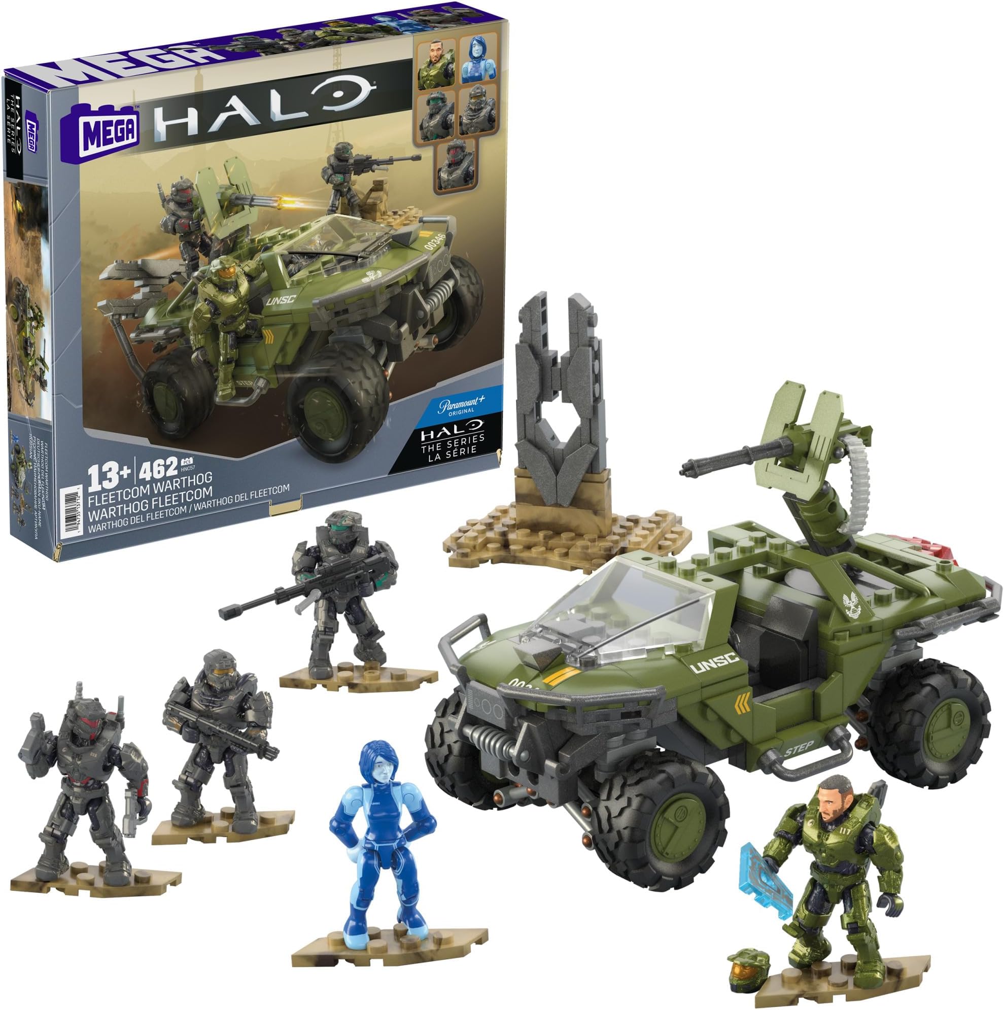 MEGA Halo The Series Vehicle Building Toys Set, FLEETCOM Warthog ATV with 469 Pieces, 5 Micro Action Figures, Poseable Articulation, Kids and Fans, HNC57
