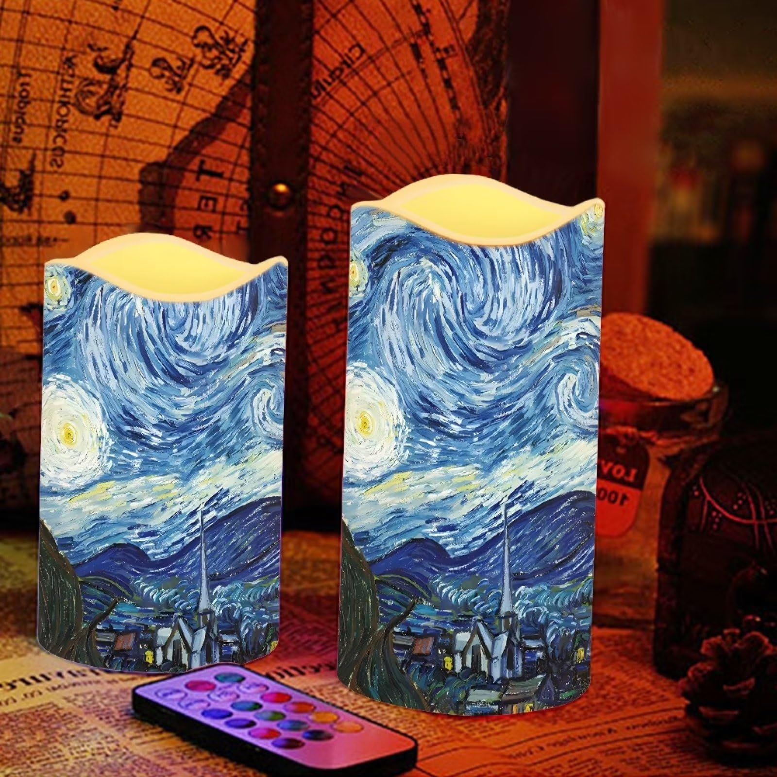 Van Gogh Gwiaździste bezpłomieniowe świece z timerem lampka nocna poręczne świece akumulatorowe migoczące LED trwałe bezpłomieniowe świece oświetlenie otoczenia 4 opakowania