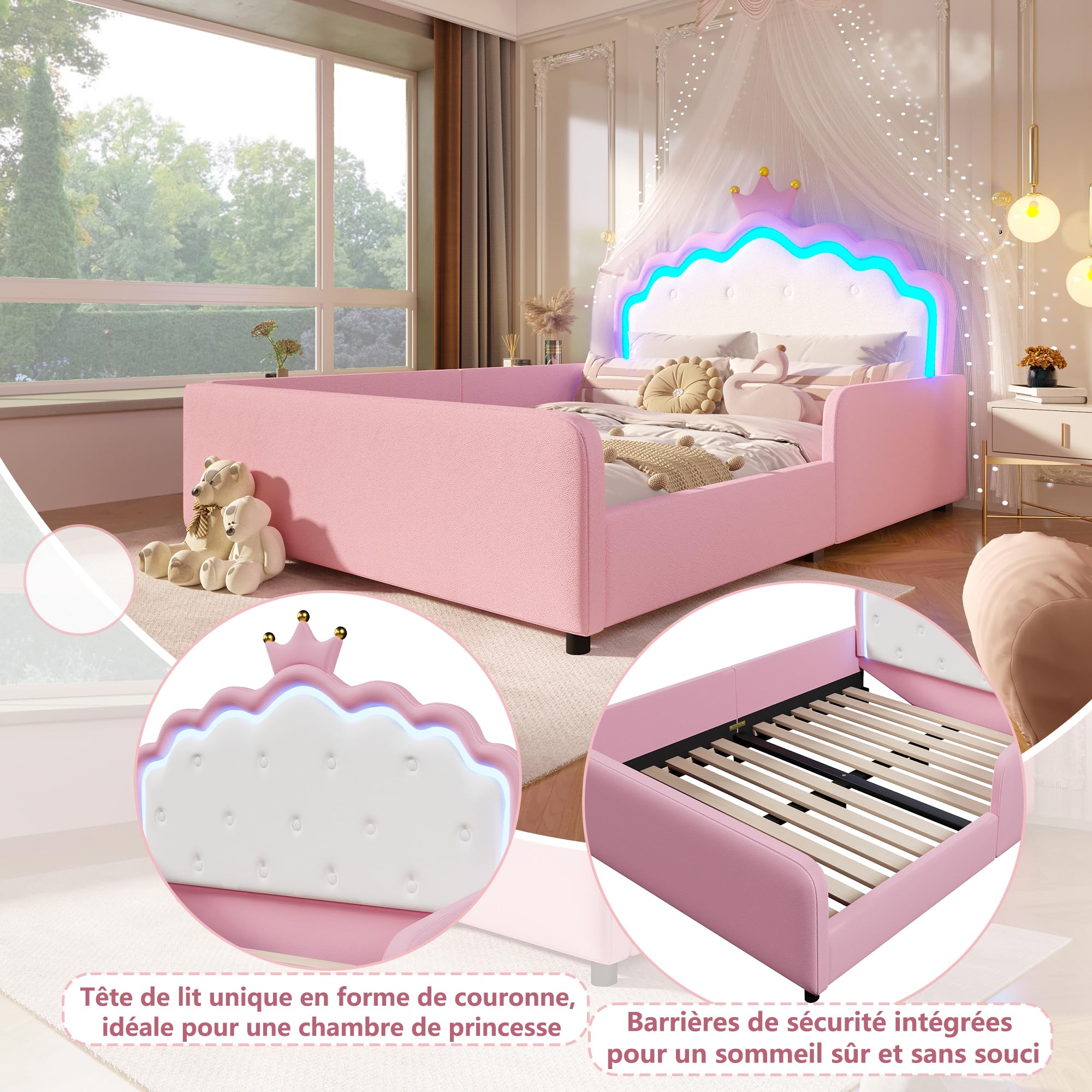 Cadre de Lit Princesse 140x190 cm, Cadre Rembourré PU Rose avec Tête de Lit Couronne LED Intégrée et Barrières de Sécurité pour Chambre de Fille, sans Matelas