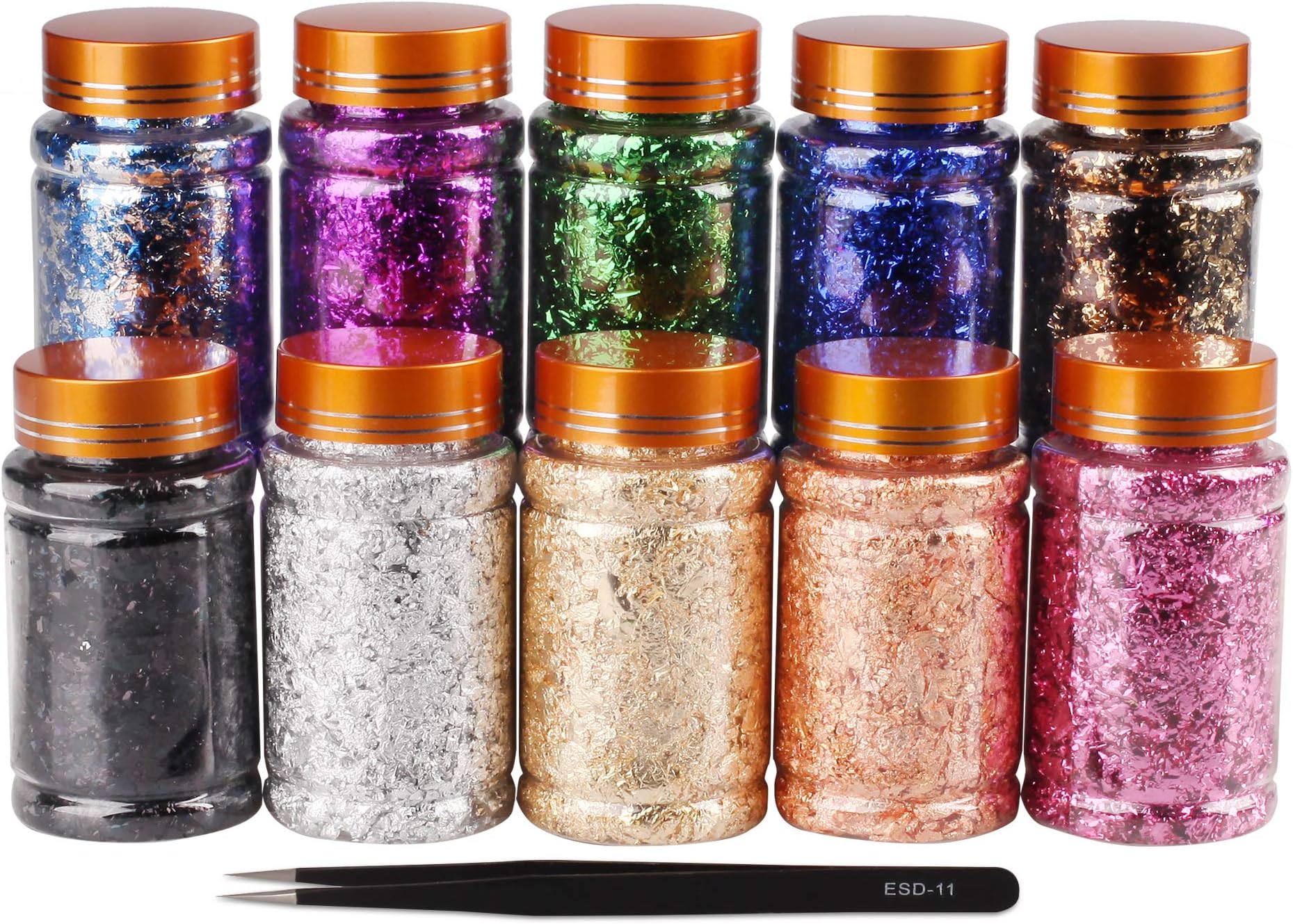 Gold Foil Flakes for Resin, Yibeishu10 Colors Metallic Foil Flakes,Gilding Flakes for Nails, Crafts (Gold, Silver, Copper, Black, Green, Blue, Blue Silver, Black Gold, Purple, Peach)