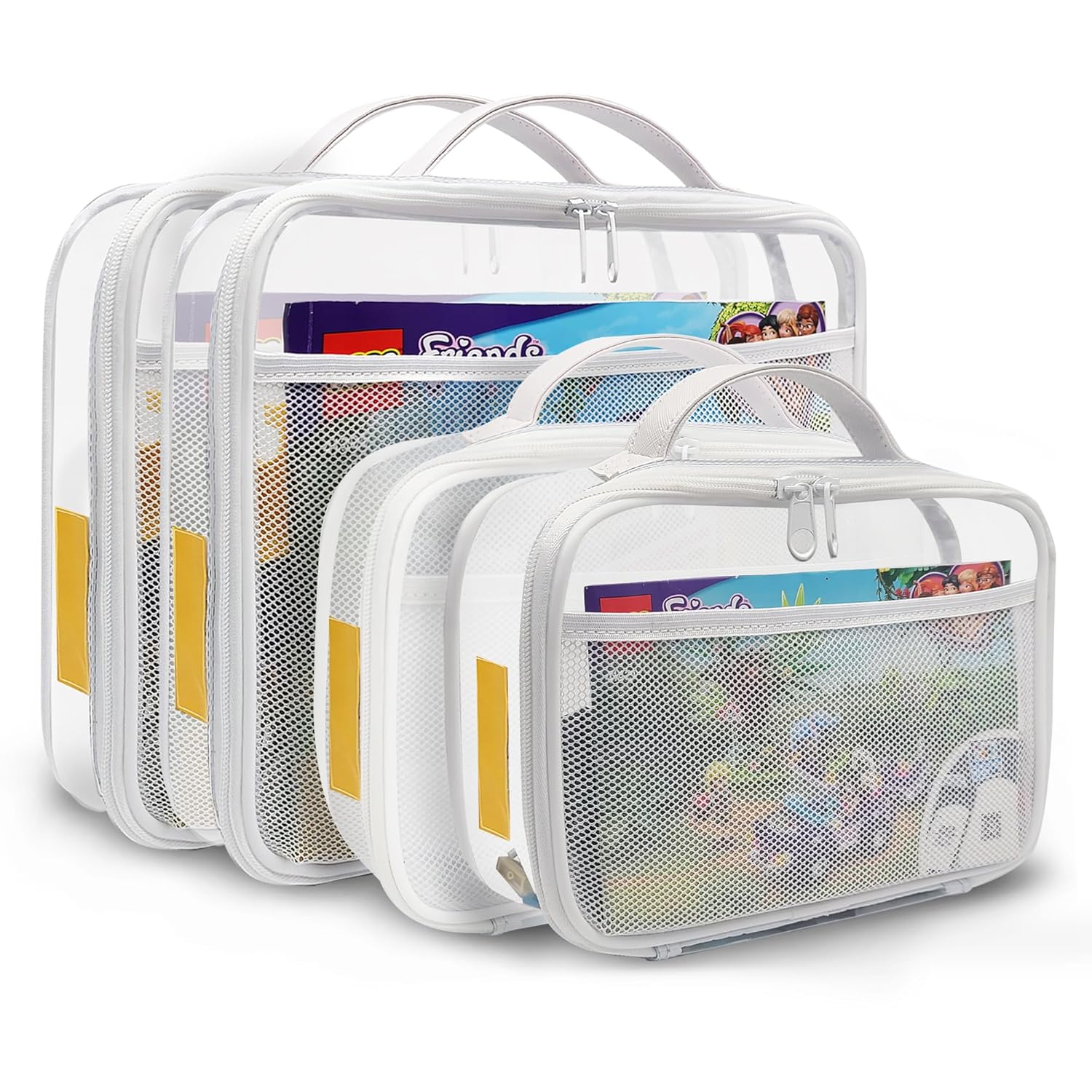 holay 4 Packs PVC Zippered Blocks Set, Toy, Clay, Board game Storage Organizer Case (Name Tag, Manual Pocket) (Gray, Small, Large)