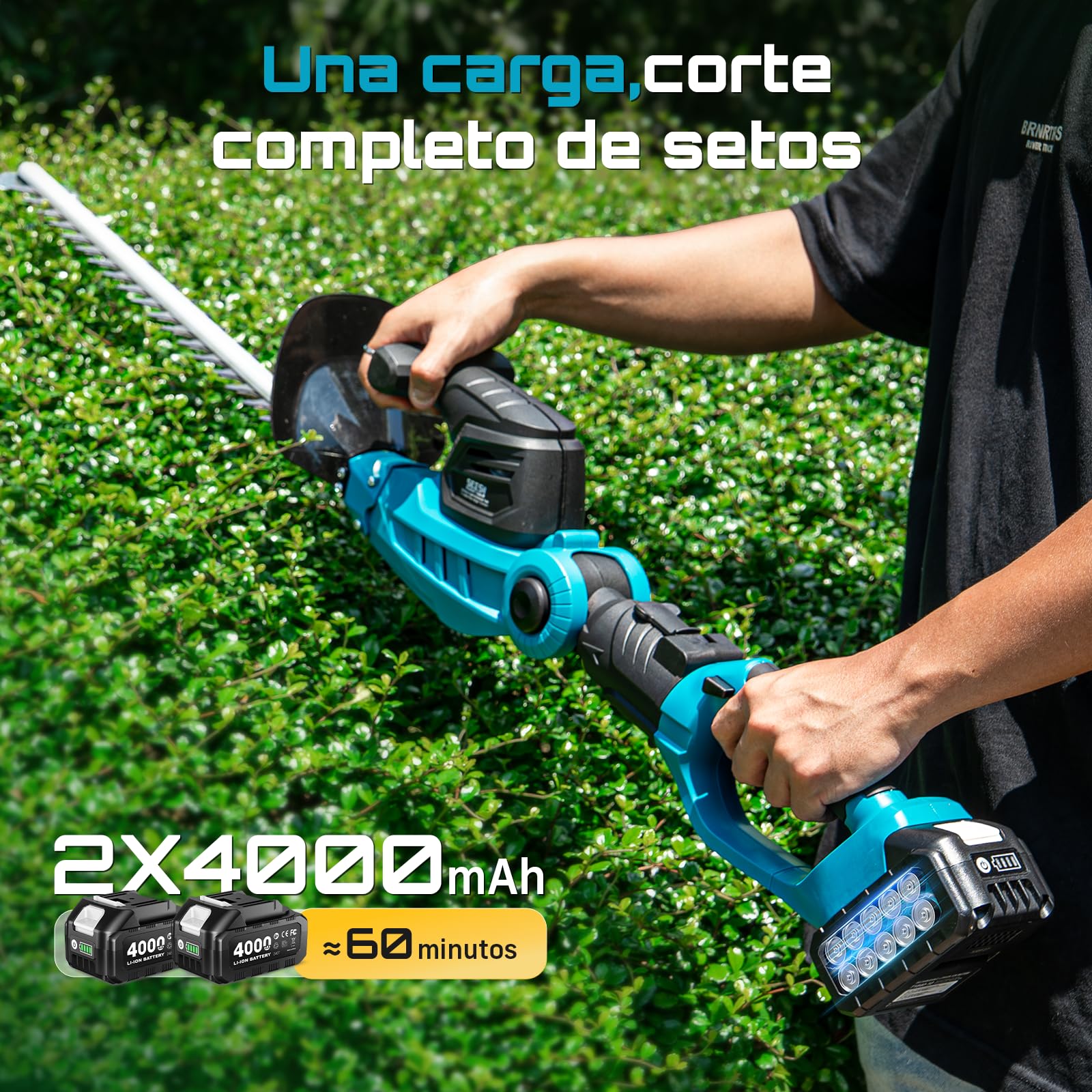 SEESII Cortasetos a Batería 2 en 1, Cortasetos Telescópico con Hoja Doble de 53 cm, Alcance Máximo de 2,6 m, Capacidad de Corte de 18 mm, 2 Baterías de 4,0 Ah, Ideal para Árboles y Arbustos del Jardín